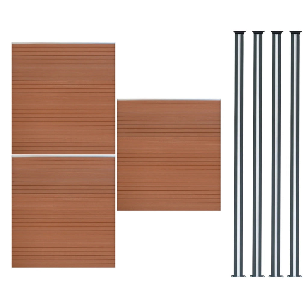 Pannelli Recinzione x3 + 4 Pali Alluminio LED Marrone Doghe PVC 185cm