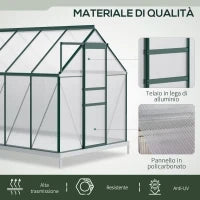 Serra da Giardino in Policarbonato 190x375x199cm, con Finestra Apribile e Porta Scorrevole, Struttura in Alluminio, Verde
