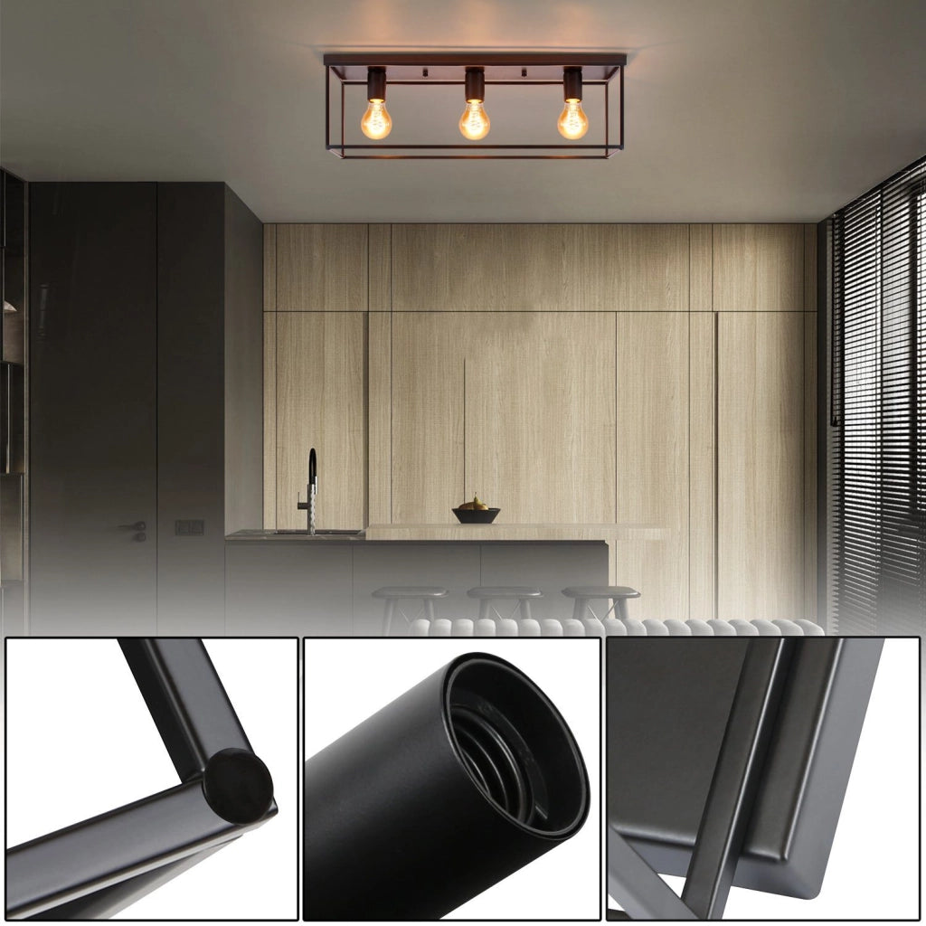 ZMH Lampada da soffitto 3 luci E27 max 25W metallo nero retrò per soggiorno cucina