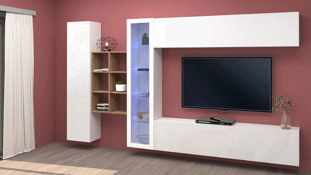 Parete Attrezzata Soggiorno 340x30x180 cm Maruska n°14 Bianco Lucido/Rovere Wotan