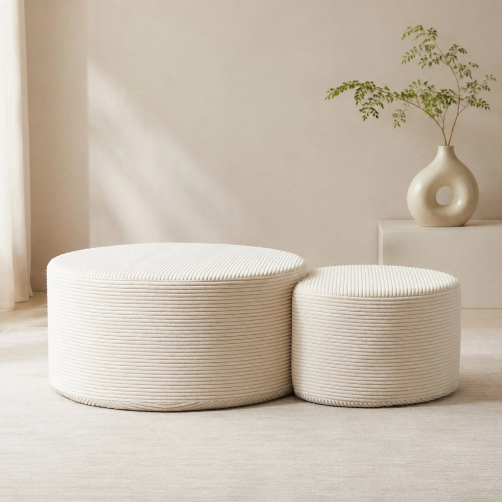 Tavolini bassi fissi imbottiti in schiuma set da 2 in tessuto beige per soggiorno; utilizzabili anche come pouf
