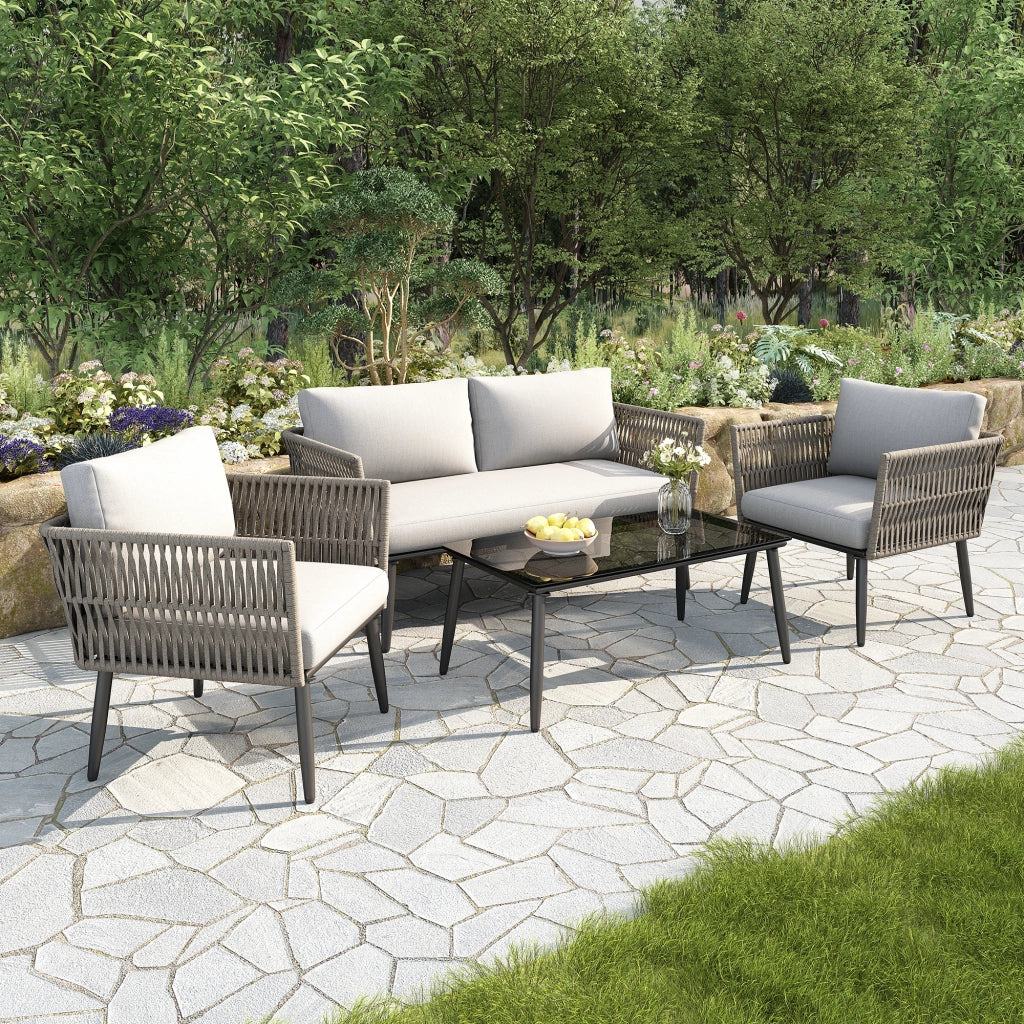 Salotto da Giardino con 1 Divano 2 Posti; 2 Poltrone e 1 Tavolino; per Terrazza; Acciaio Zincato; Poliestere; Grigio