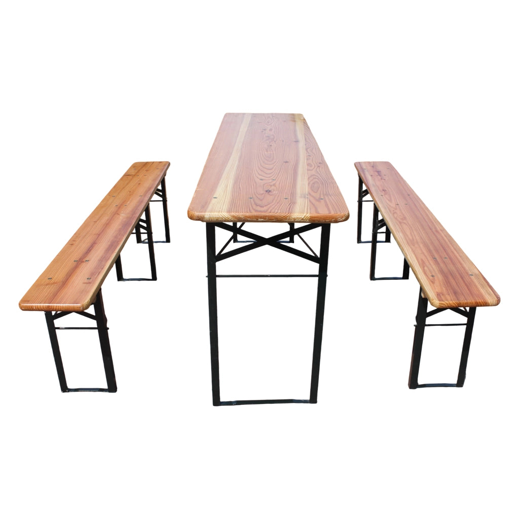 Set Tavolo e Sedie da Giardino con 1 Tavolo Pieghevole e 2 Panche Pieghevoli; Legno e Metallo; Naturale