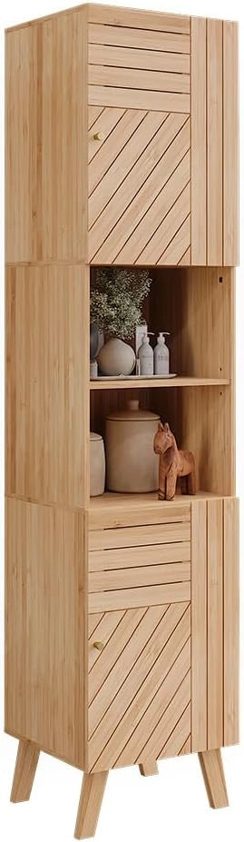 Mobile da bagno Lucie, Bambù, 40 x 177 cm con 2 porte, adatto per la conservazione salvaspazio di accessori da bagno