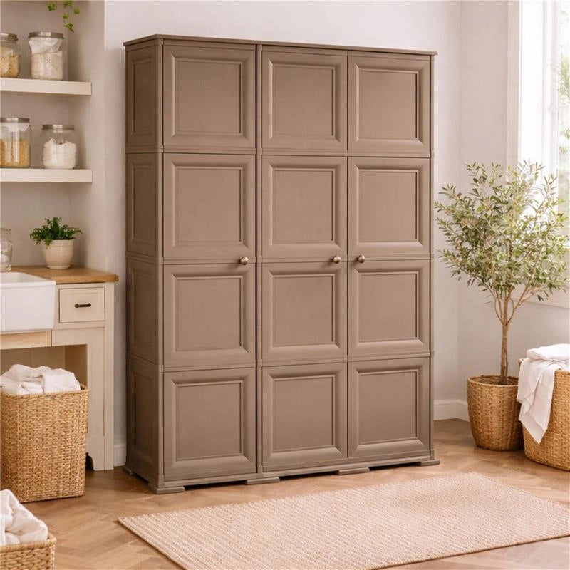 ARMADIO 3 ANTE WENGÉ 118X43X164 CM CON PUNTALI E ANTE EFFETTO LEGNO, MOBILE CONTENITORE ALTO PER ZONA GIORNO E BALCONE COPERTO
