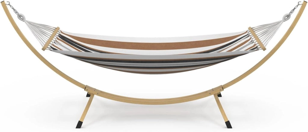 Amaca XL con supporto in metallo effetto legno e tessuto a righe nere, bianche e cioccolato