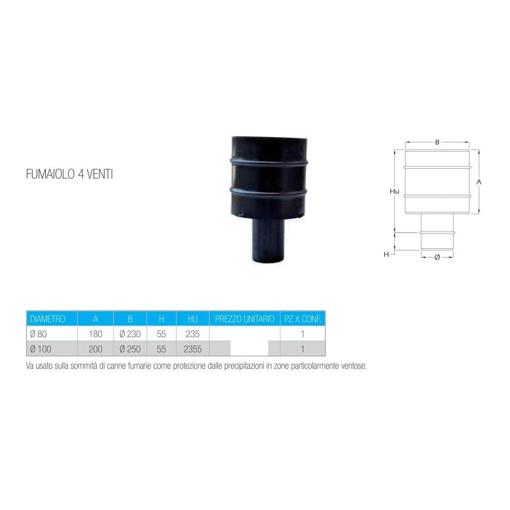 Terminale a botte anti vento nero pellet da 80mm attacco maschio
