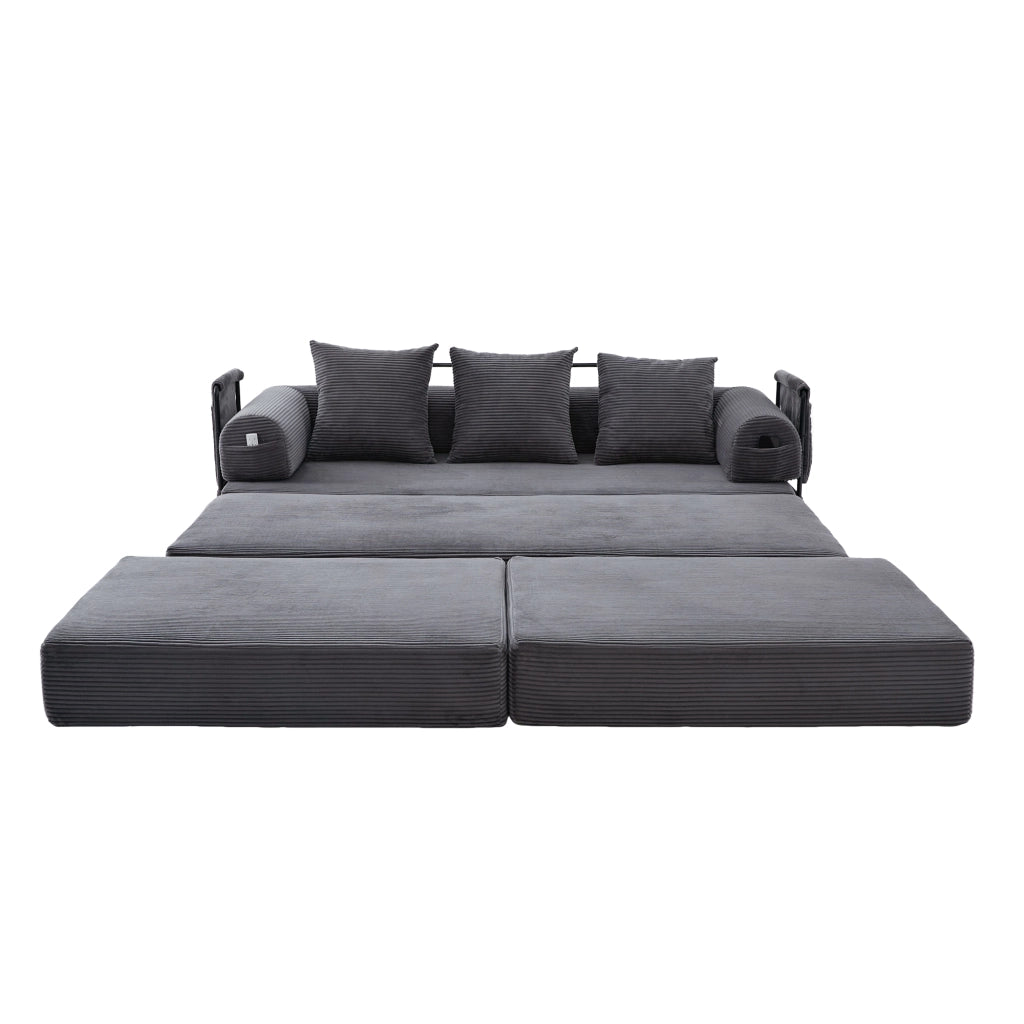 Divano Modulare con Pouf ¨C MINIMAL ¨C Tessuto a Coste, Grigio Scuro, Cuscini, Tasche Laterali