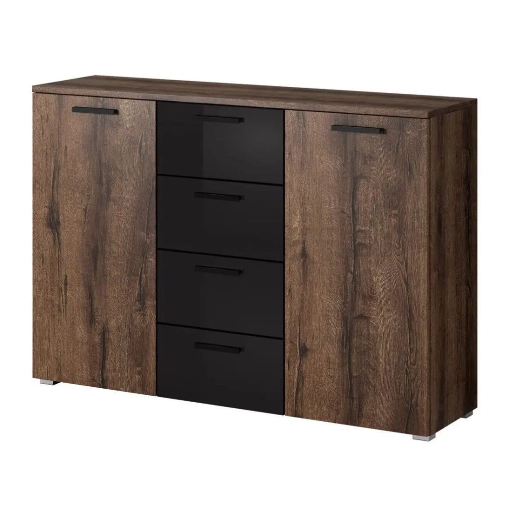 Camera da letto FLOYD: Armadio 200cm, Letto 140x200, cassettiera, comodini. Colore rovere scuro e nero lucido.