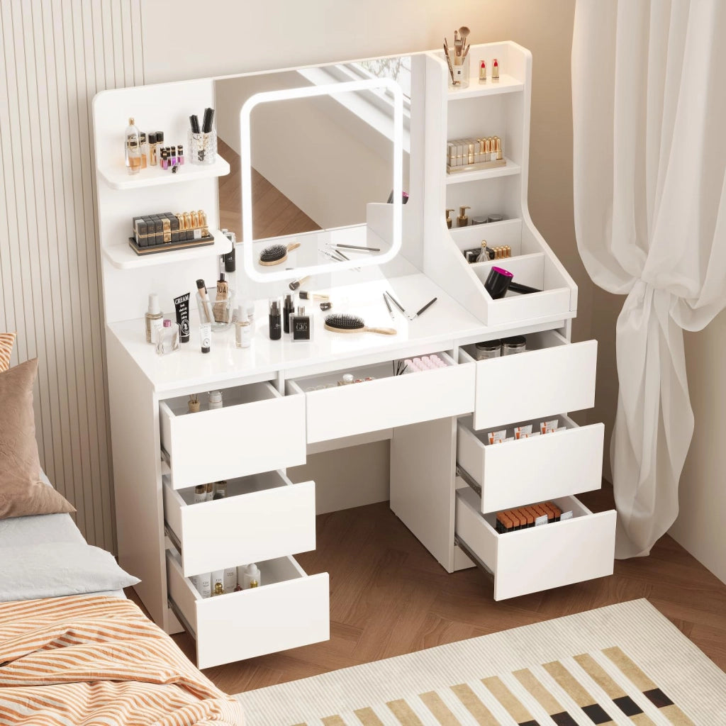 Toeletta da Trucco con 7 Cassetti, Postazione Trucco con Specchio a LED, Luminosità Regolabile,Tavolo da Toeletta con 4 Ripiani Aperti,per la Camera da Letto, Bianco
