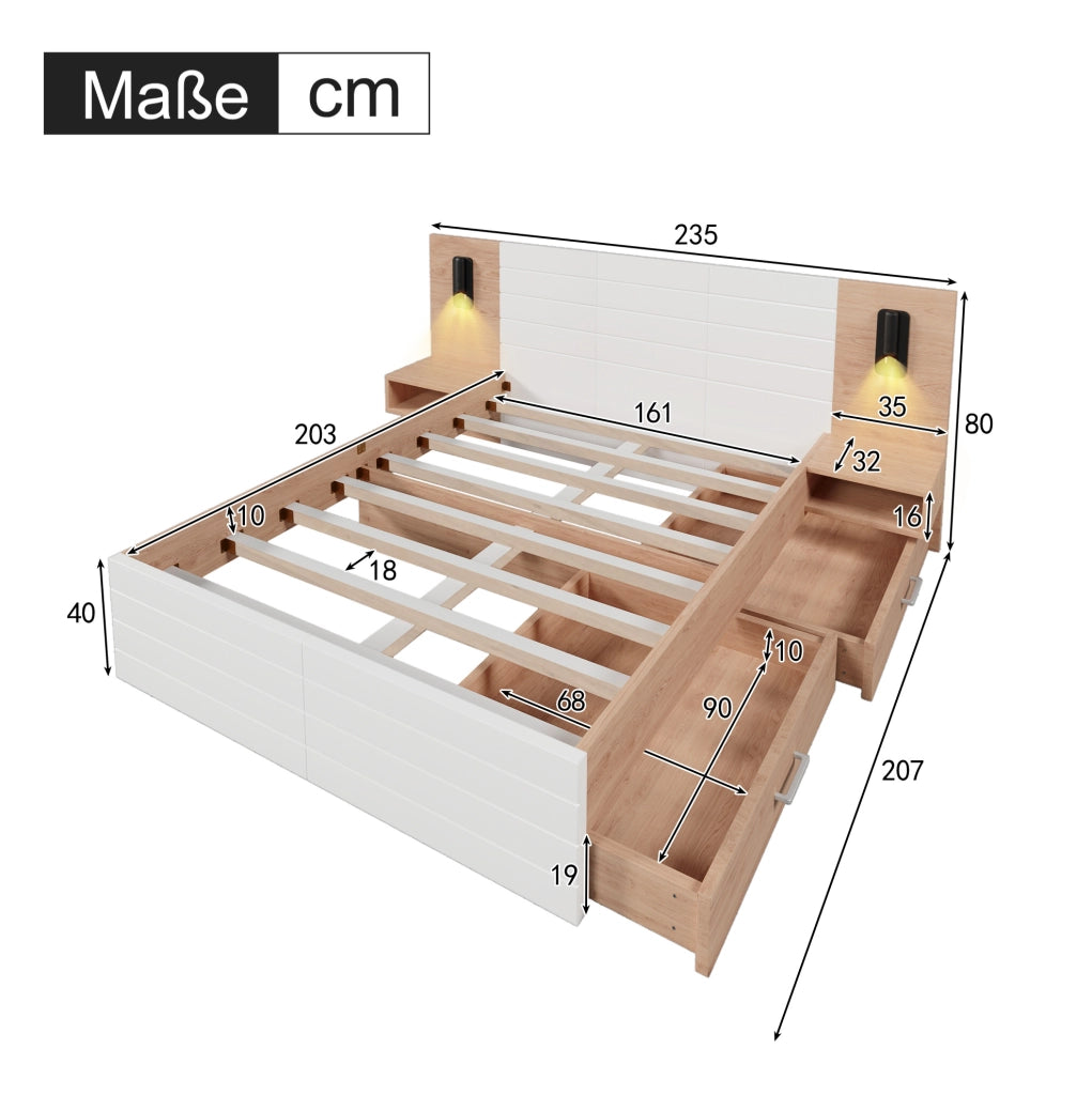 Letto matrimoniale 160x200 cm con 2 cassetti; luce da lettura e ricarica USB; bianco e rovere