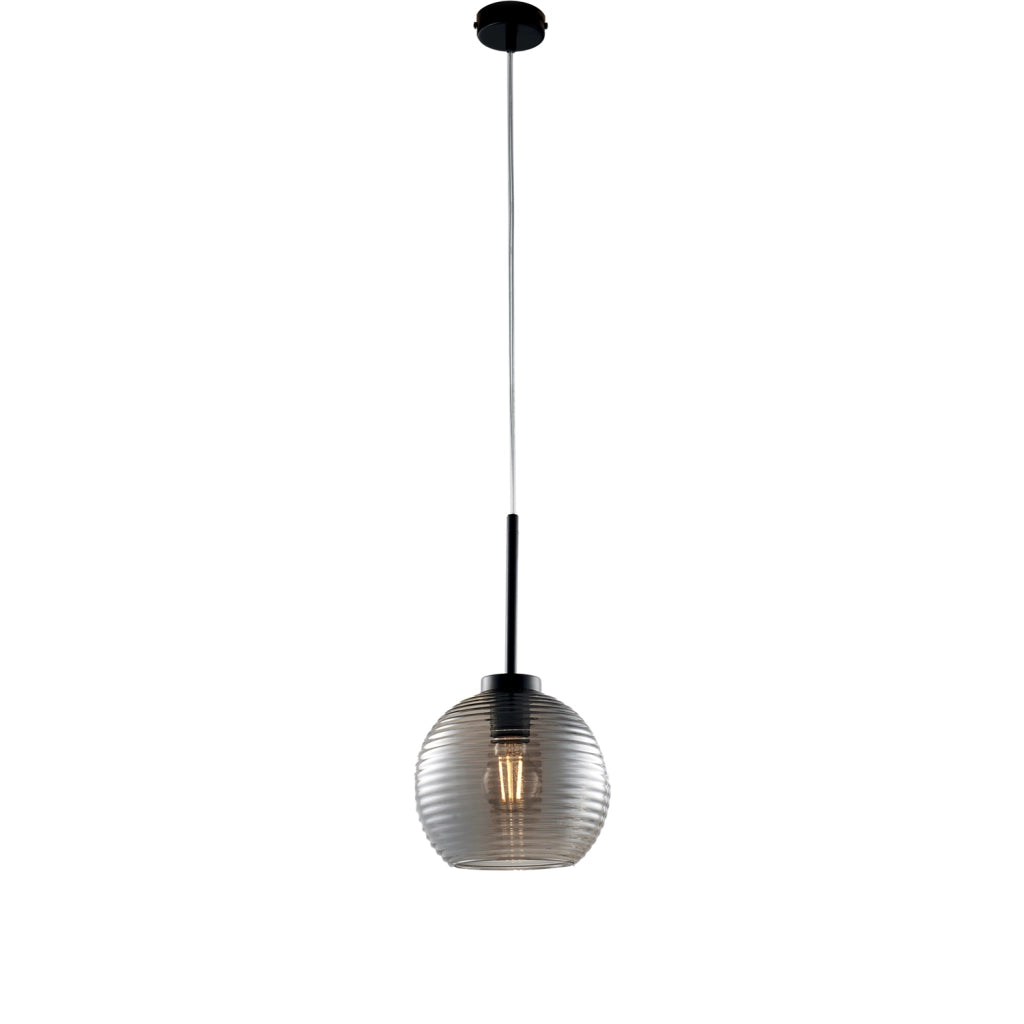 Sospensione Moderna Ankara 1 Luce Ferro Nero Vetro Soffiato Grigio Specchiato