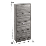SCARPIERA 4 ANTE IN LEGNO TRUCIOLARE MELAMINICO, OGNI ANTA 2 DIVISORI IN LEGNO ROVERE GRIGIO 63 X 24 X 150 CM