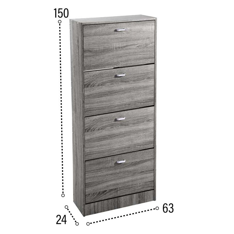 SCARPIERA 4 ANTE IN LEGNO TRUCIOLARE MELAMINICO, OGNI ANTA 2 DIVISORI IN LEGNO ROVERE GRIGIO 63 X 24 X 150 CM