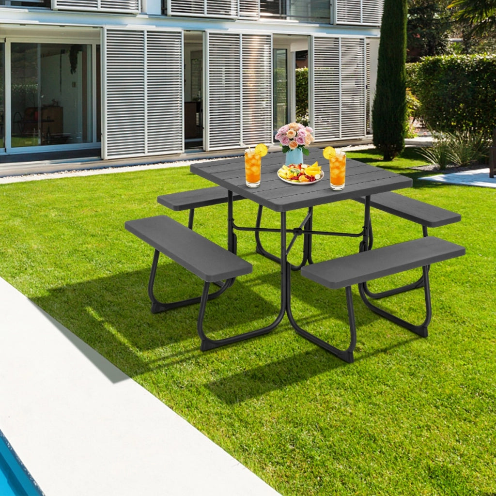 Set tavolo da picnic quadrato per 8 persone, Tavolo per esterni con foro per ombrellone capacit¨¤ di 225kg Grigio Scuro-Tavoli e sedie da campeggio