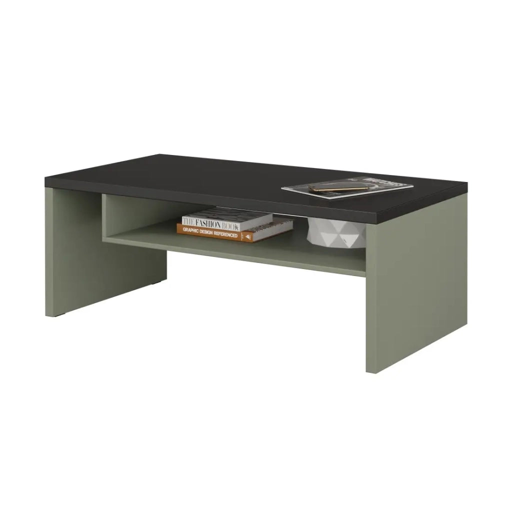 Tavolino basso HAVANA – Verde salvia e nero – Piano nero opaco – Con nicchia – Design moderno