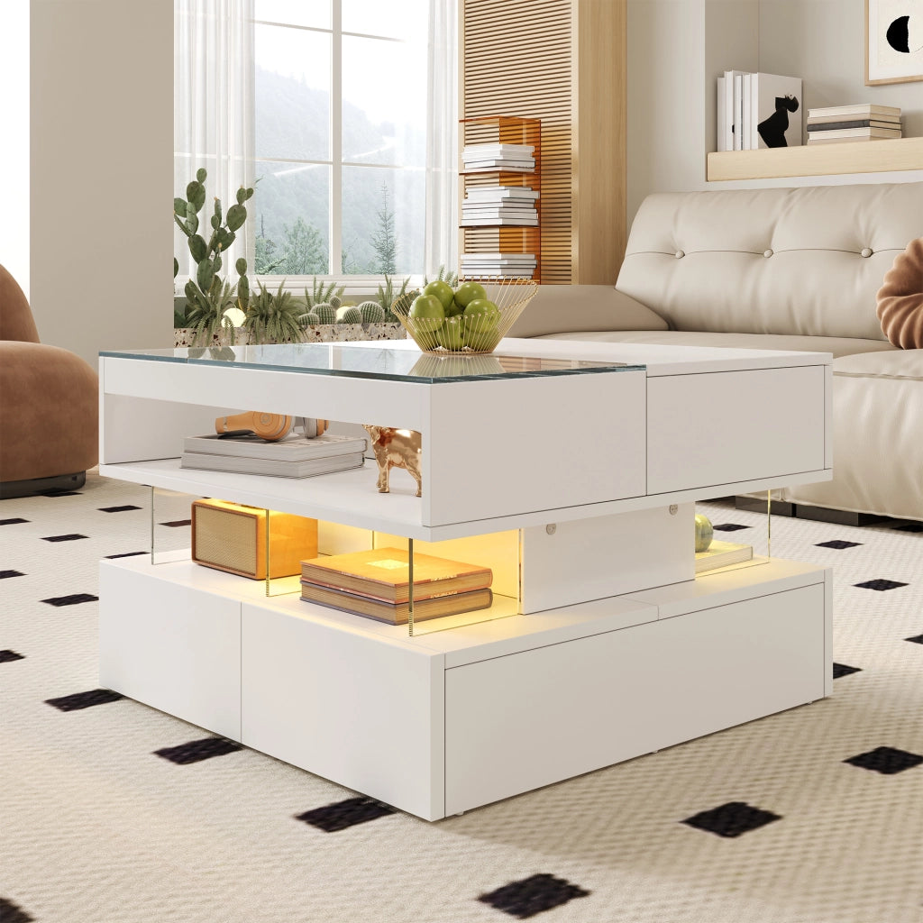 Tavolino da Salotto Alzabile con 2 Cassetti e Vani e LED 16 Colori; Piano in Vetro; in Pannello Truciolare; 70×67×57 cm; Bianco