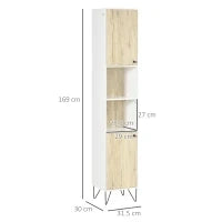 kleankin Colonna Bagno con 2 Ripiani Aperti e 2 Armadietti in Truciolato, 31.5x30x169 cm, Bianco e color Legno