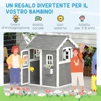 Casetta per Bambini 3-8 Anni con 6 Finestre e Fioriera, in Legno di Abete, 104.5x110x137 cm, Grigia