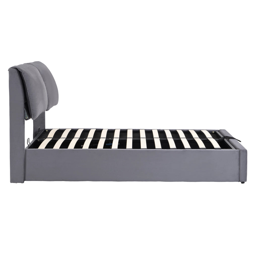 Letto imbottito 140x190 cm in velluto grigio con contenitore; 3 cassetti e testiera regolabile