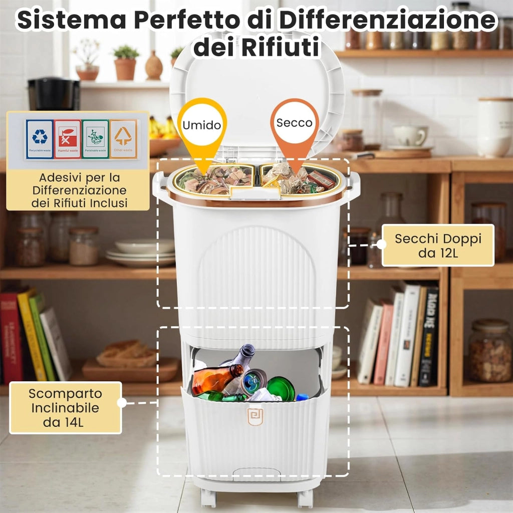 38 L（12+12+14 L） Pattumiera Differenziata, Secchio Spazzatura a 3 Scomparti con Coperchi, 2 Secchi Rimovibili Pedale e Ruote, Bidoni Differenziata per Bagno Cucina Ufficio