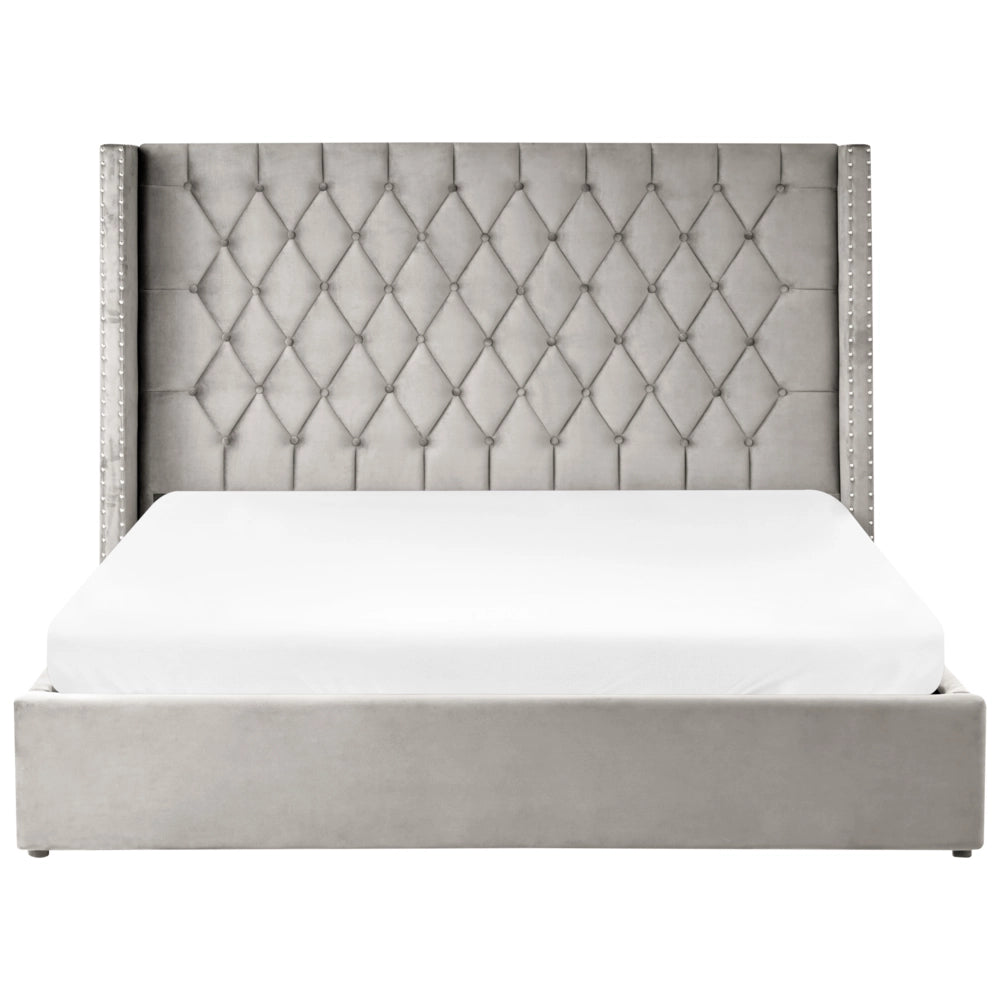 Letto contenitore velluto grigio chiaro e argento 180 x 200 cm glamour elegante