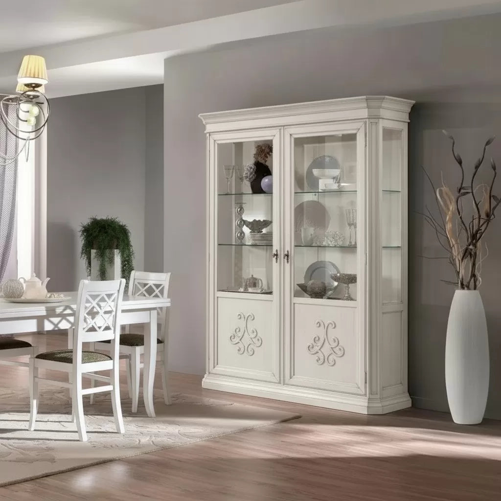 Vetrina classica 2 porte intarsio legno bianco anticato rilievi 162x54x217 - Mobili 2G