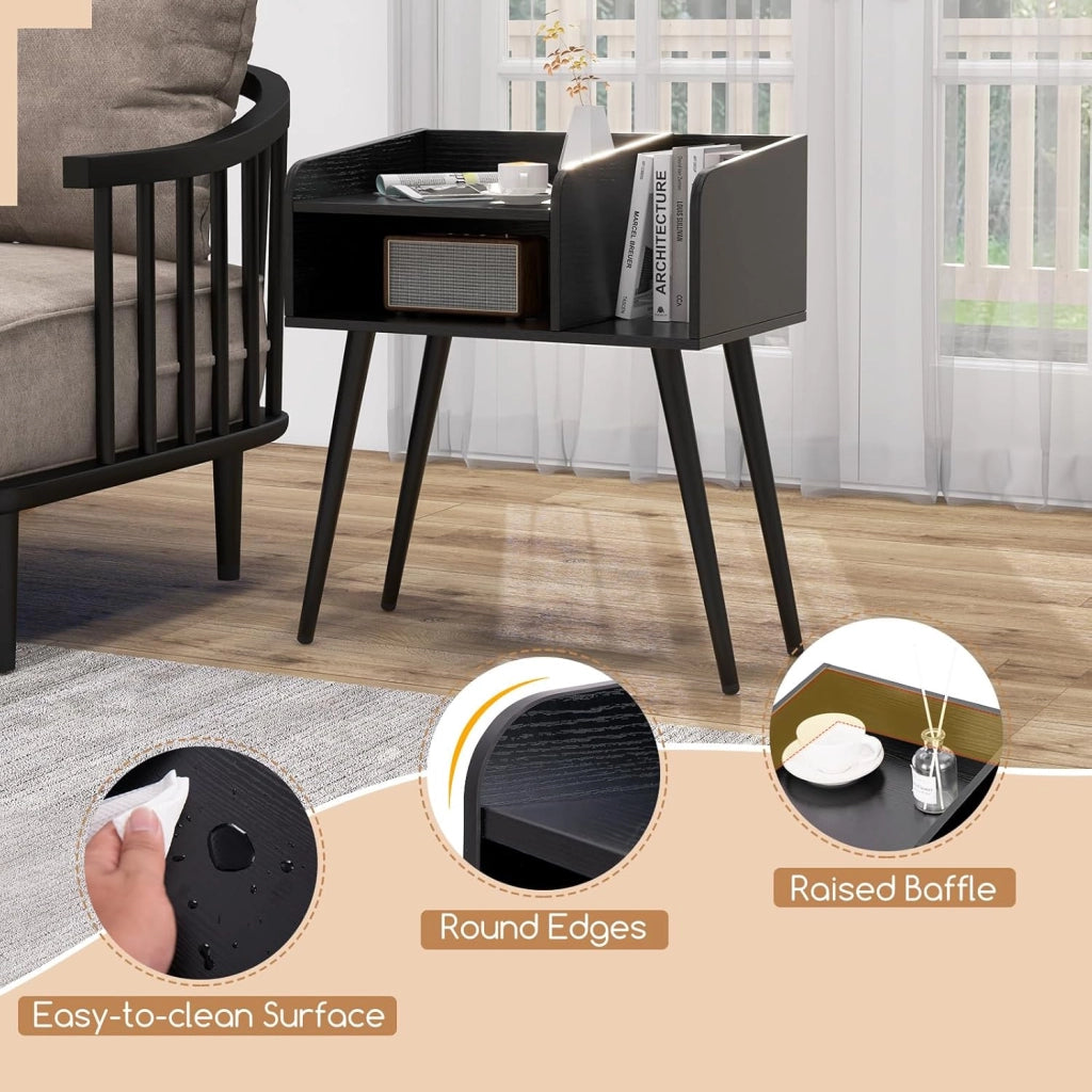 Set di 2 comodini, comodino con 3 scomparti aperti, tavolino in legno con 4 gambe di supporto in metallo, comodino per soggiorno, camera da letto, 50 x 32 x 58 cm (antracite)