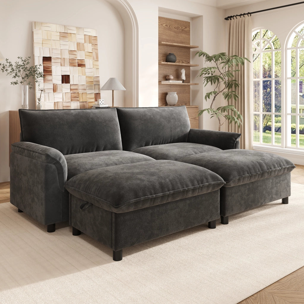 Divano modulare cloud con pouf mobili, schienale alto, seduta profonda, in ciniglia nera per soggiorno 216 × 77 × 82 cm