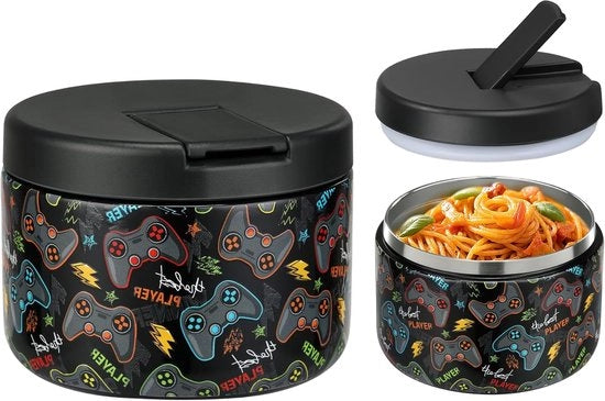 Contenitore termico per cibo, 350 ml, acciaio inossidabile, contenitore di conservazione del calore, contenitore di picnic impermeabile per bambini, con chiusura a gomito, collo ampio, isolamento, adatto per cibo caldo e freddo, nero