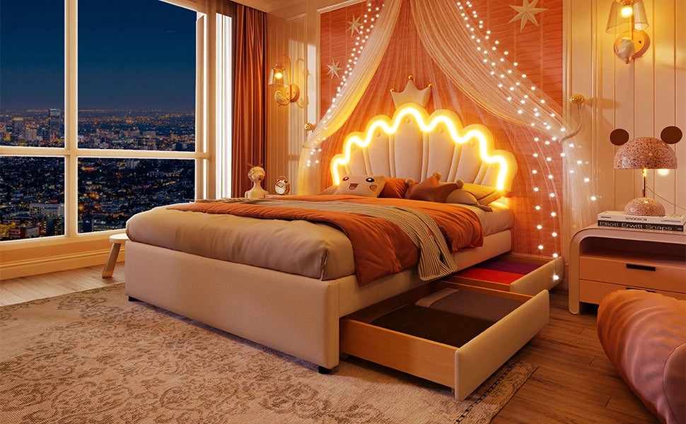 DESMIU Letto Matrimoniale 140 × 200 cm con 2 Cassetti, LED Regolabile e Testiera Regolabile, senza Materasso