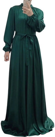 Abaya e kaftan per donna, completo, tessuto satinato, vestito islamico per la preghiera, abbigliamento conservativo, vestito per la notte, per il Ramadan, colore verde scuro