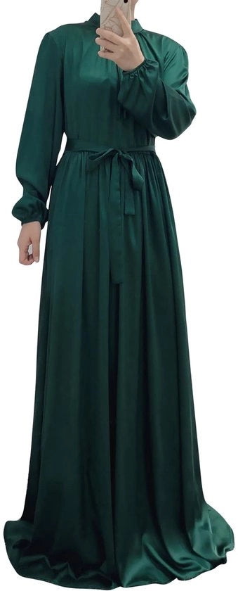 Abaya e kaftan per donna, completo, tessuto satinato, vestito islamico per la preghiera, abbigliamento conservativo, vestito per la notte, per il Ramadan, colore verde scuro
