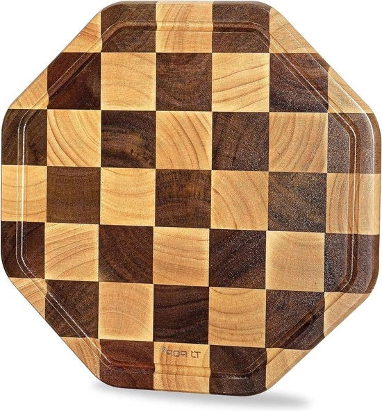Piastra di taglio in legno ottagonale con cassetta di lavoro e solco per la sapo - 31x31x2 cm - Ideale per pane carne frutta verdure formaggio