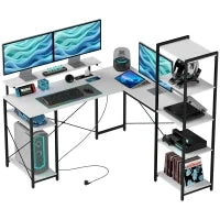 Scrivania Angolare con Presa Elettrica e USB, Scaffale e Supporto per Monitor, Bianco e Nero