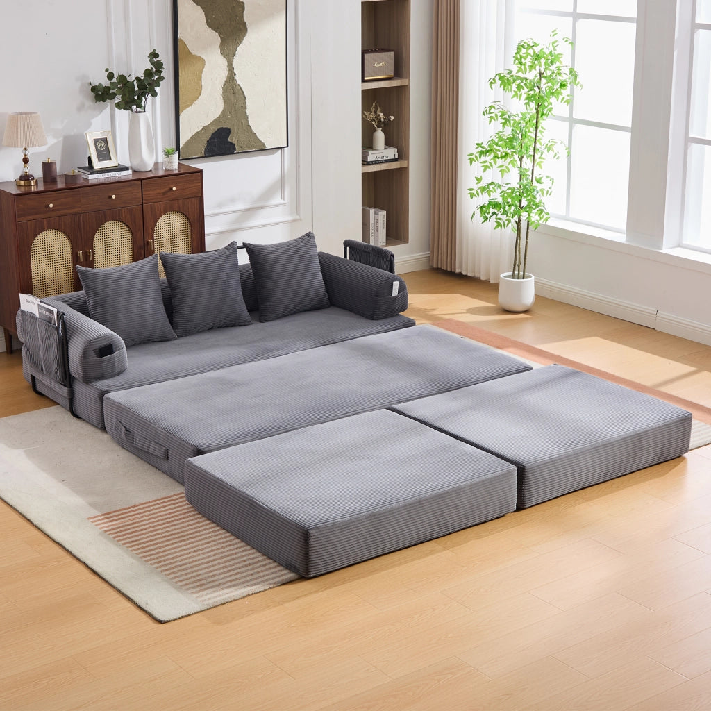 Divano modulare in velluto a coste con tasca laterale e 3 cuscini, struttura in metallo, grigio scuro, design moderno