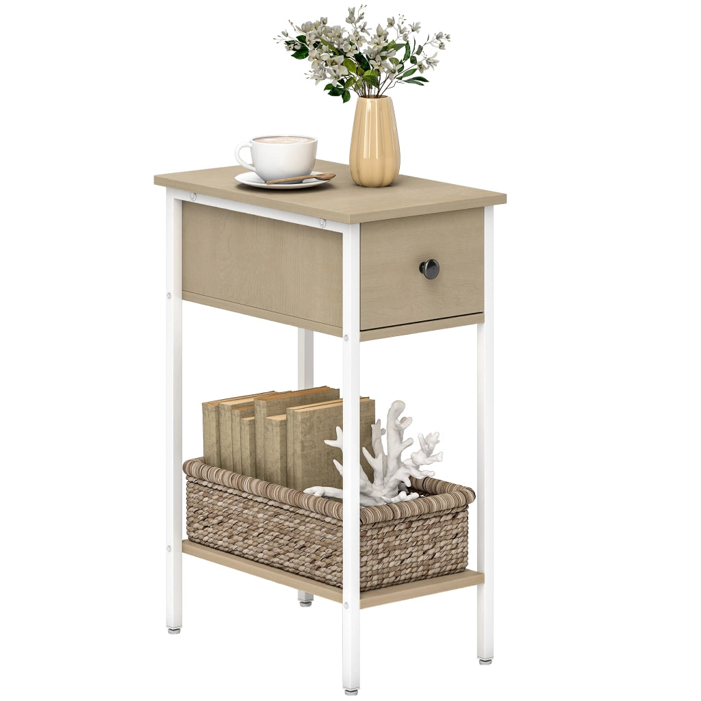 Tavolino con Cassetto e Ripiano Aperto ¨C Zephmum ¨C 25x39,8x58,2 cm Legno Naturale Metallo