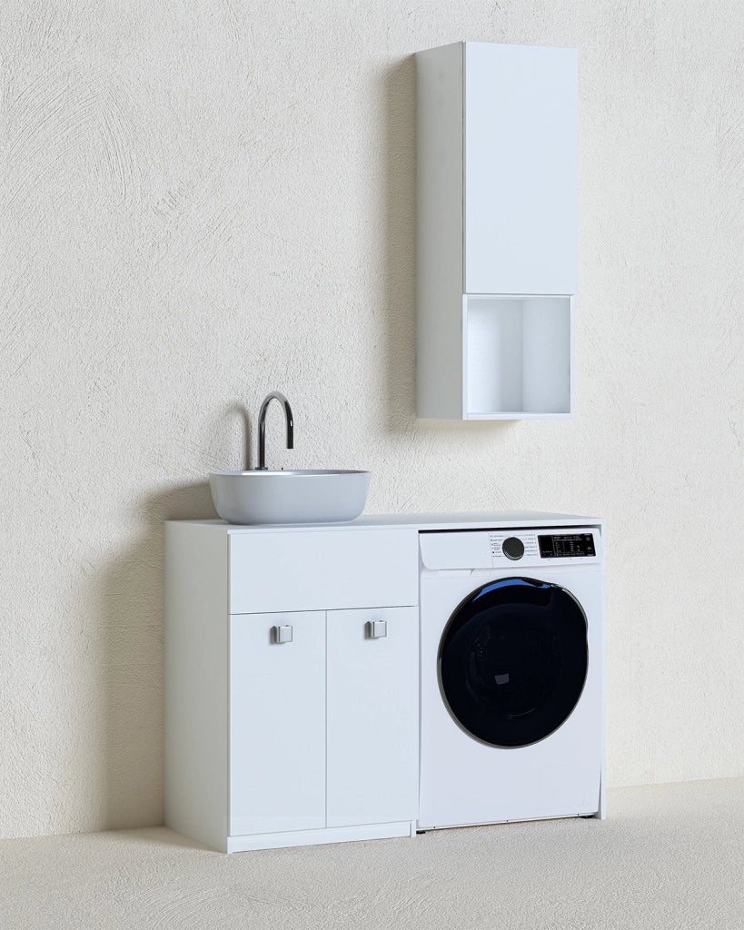Mobile coprilavatrice Sindy Dx - Contenitore salvaspazio per bagno e lavanderia - Lavatrice non inclusa - Lavandino e Pensile compresi - Bianco - 122x93x60 cm_