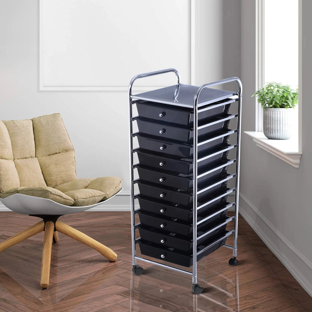 Carrello con 10 Cassetti da Stoccaggio Contenitore Multiuso con Ruote a Freno, per Casa e Ufficio, di Metallo e Plastica