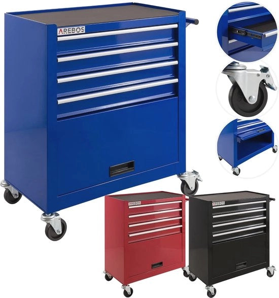 Carrello di lavoro con 4 contenitori e grande cassettone per attrezzi | Pannelli antiscivolo | 2 ruote con freno di parcheggio