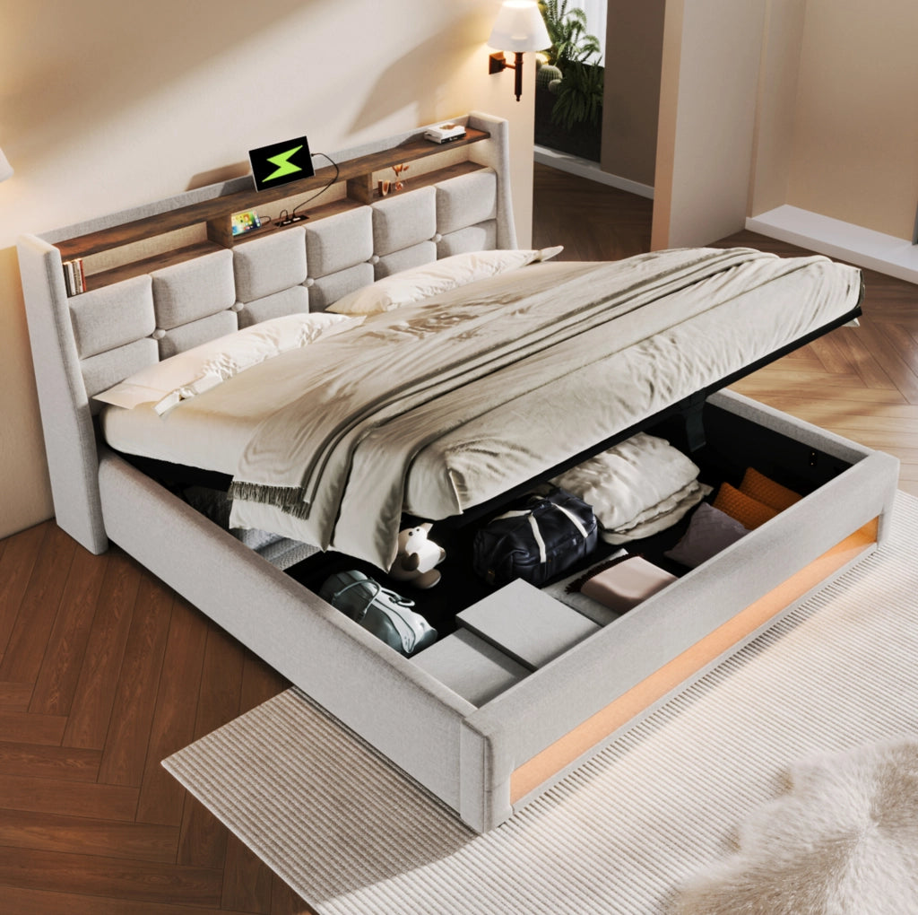 Letto imbottito 180x200 cm con LED, USB e vano contenitore