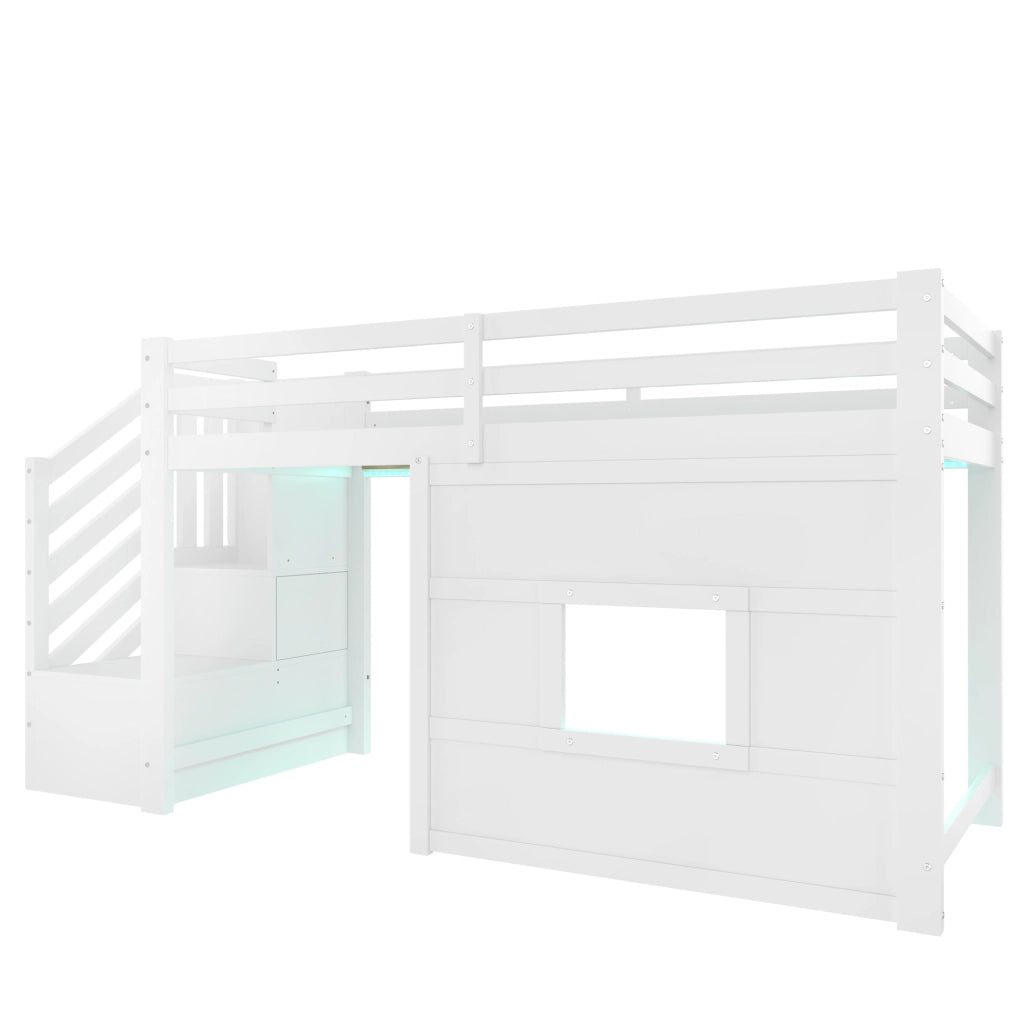 Letto a soppalco 90x200 cm con scala contenitore; finestra e LED in MDF; pino; compensato bianco