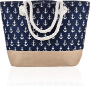 Borsa da spiaggia con stampo ancore - Borsa da spalla in tela per donne - Grande capacità borsa da spiaggia per famiglie - Blu marino - Unico modello .