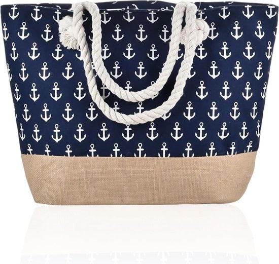 Borsa da spiaggia con stampo ancore - Borsa da spalla in tela per donne - Grande capacità borsa da spiaggia per famiglie - Blu marino - Unico modello .