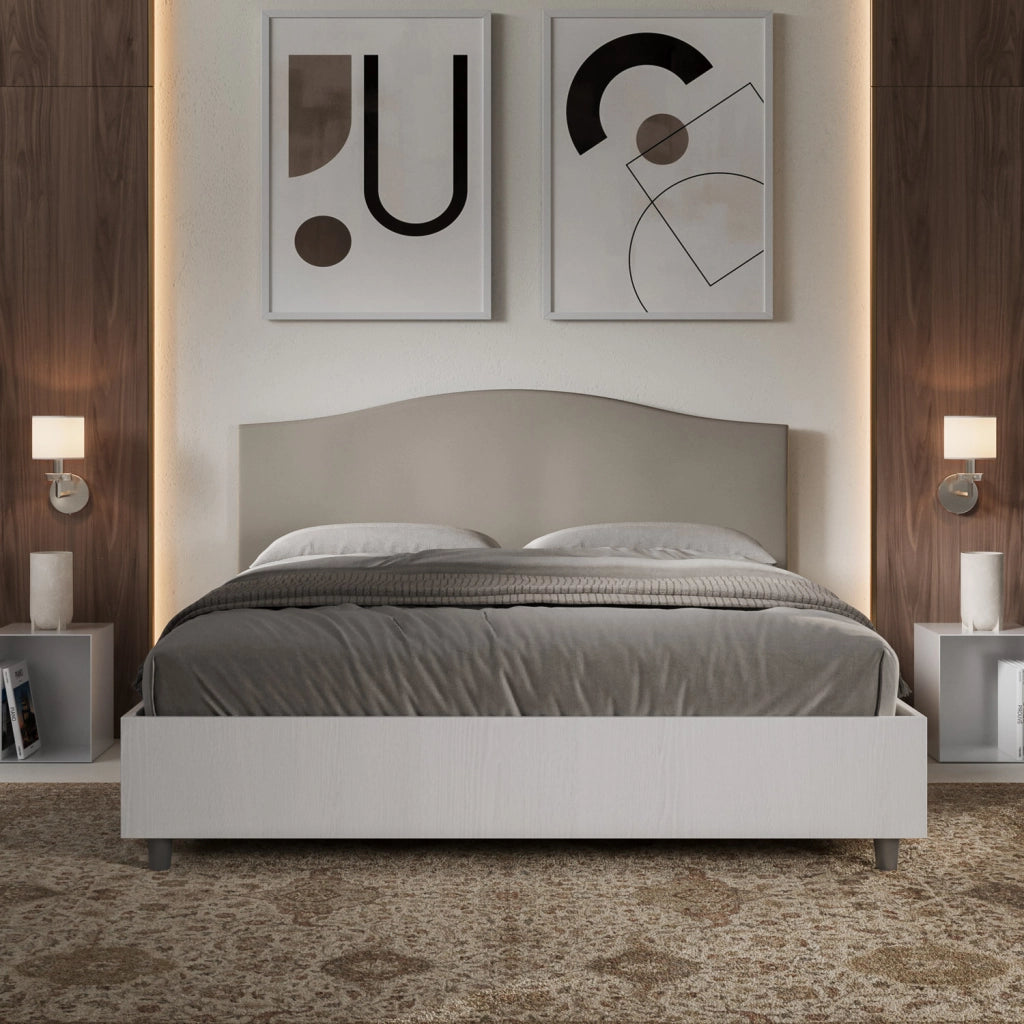 Letto Matrimoniale 160x200 cm con Rete e Contenitore Alzata Comoda Struttura Bianco Frassico e Testata in Similpelle