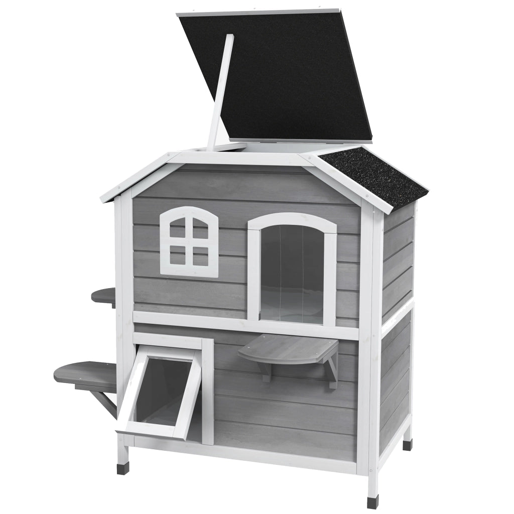 Casetta per Gatti in Legno 2 Piani ¨C zephmum ¨C Grigio 99.5x76x91 cm