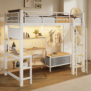 Letto a soppalco 90 x 200 cm con scrivania in metallo e MDF; bianco; con scaffali; LED e USB