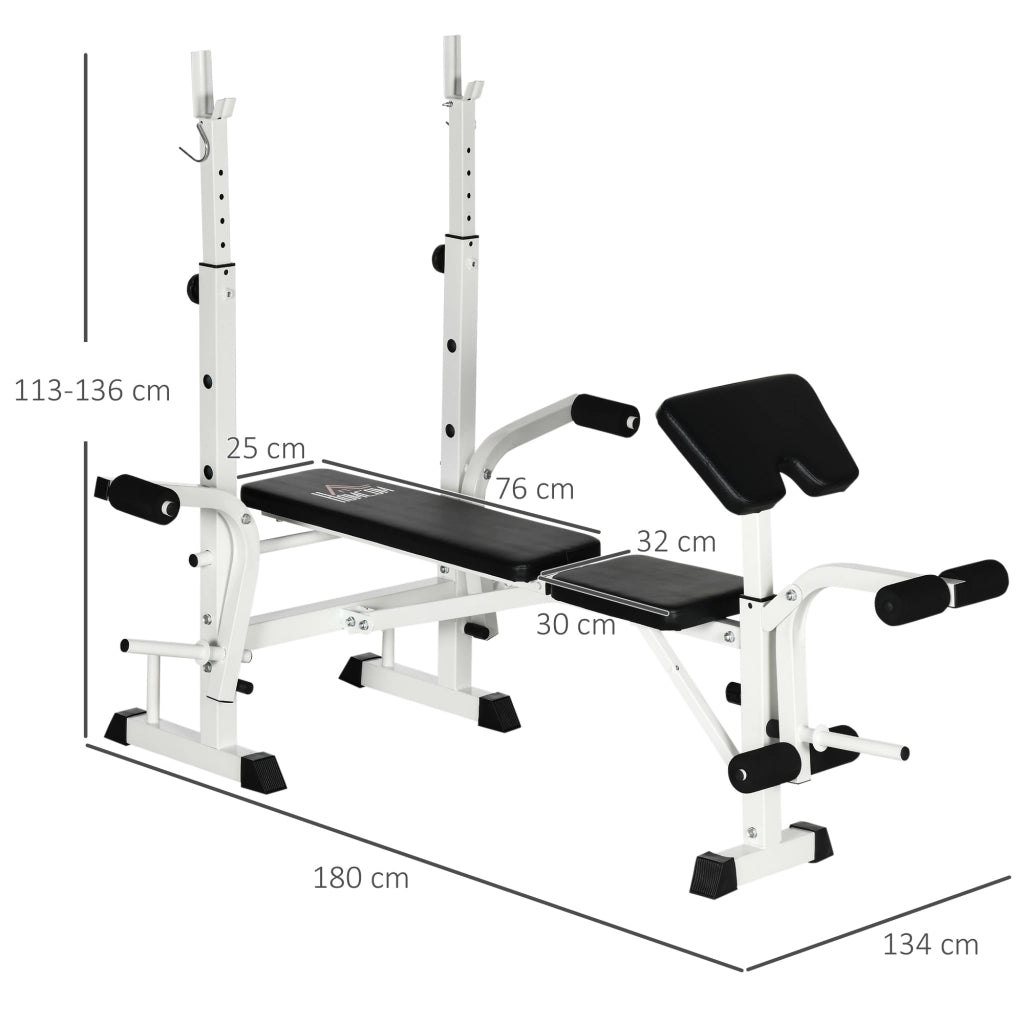 Panca pesi con pressa per gambe, supporto per bilanciere e braccioli per un allenamento efficace con i pesi, bianco e nero
