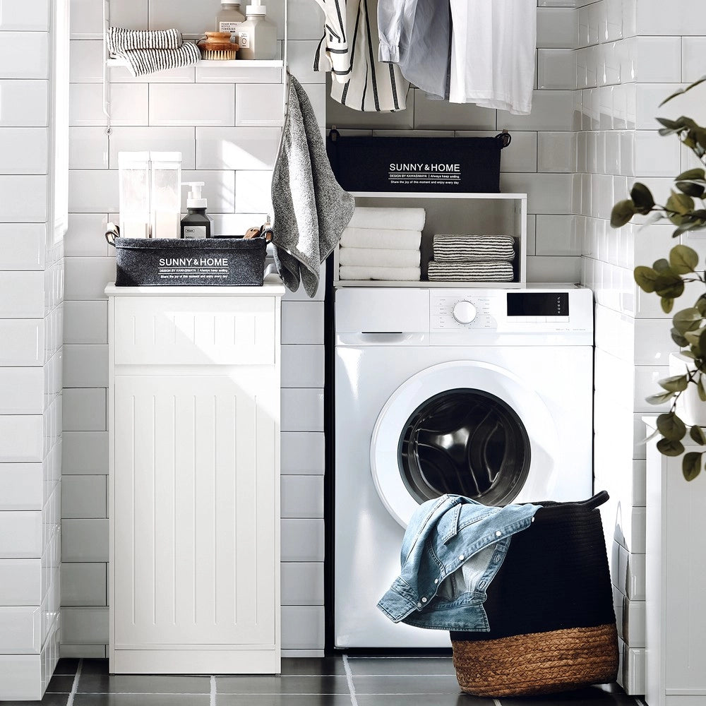 SoBuy Armadietto da Bagno con Cesto portabiancheria –Mobile Lavanderia con Cassetto – Armadio Compatto per Piccoli Spazi, Mobiletto Bagno Salvaspazio in Legno, 40x90x38cm, Bianco, BZR110-W