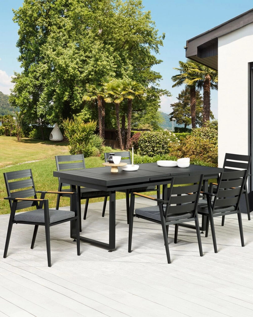 Set di 6 sedie da giardino in metallo nero grigio chiaro con schienale in legno set di 6 sedie da pranzo moderne